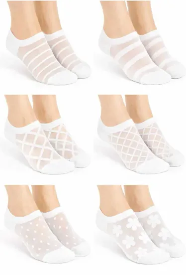 6 Pairs Women's White Patterned Tulle Ankle Socks Set