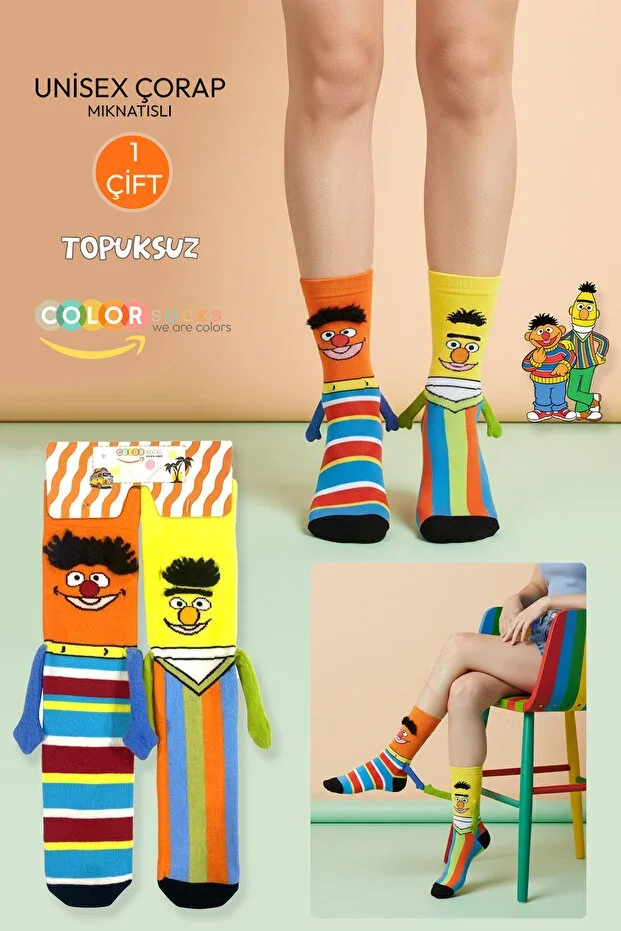 1 Pair Edi & Büdü Patterned Fluffy Unisex Socks (Toeless) Magnetic Holding Hands