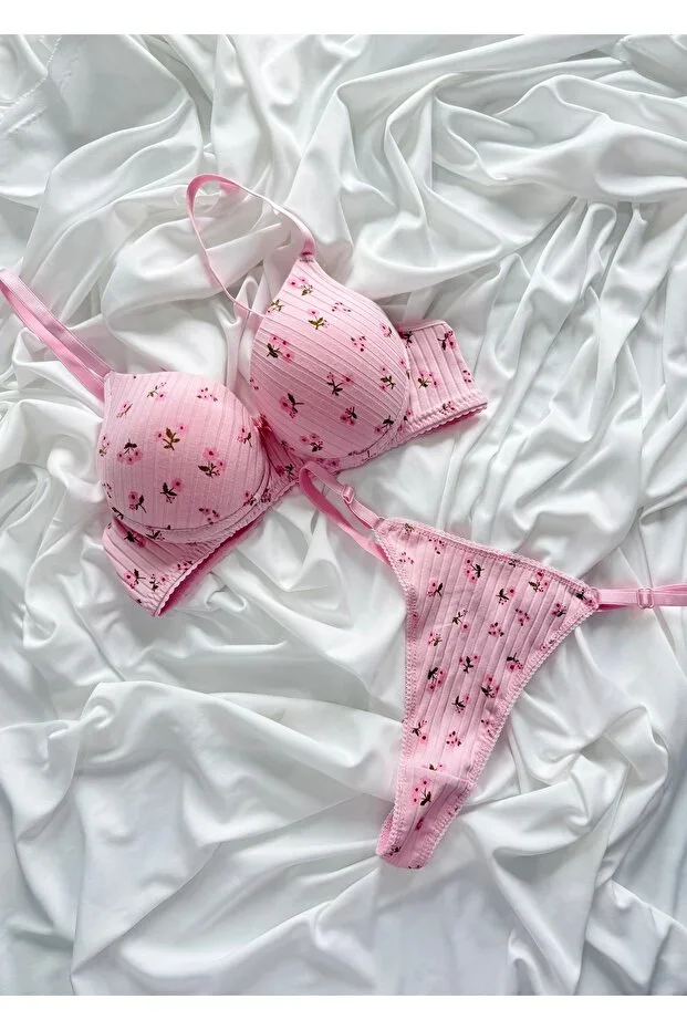 Floral Patterned Pink Cotton Padded Supportive Underwired Bra & Thong Set