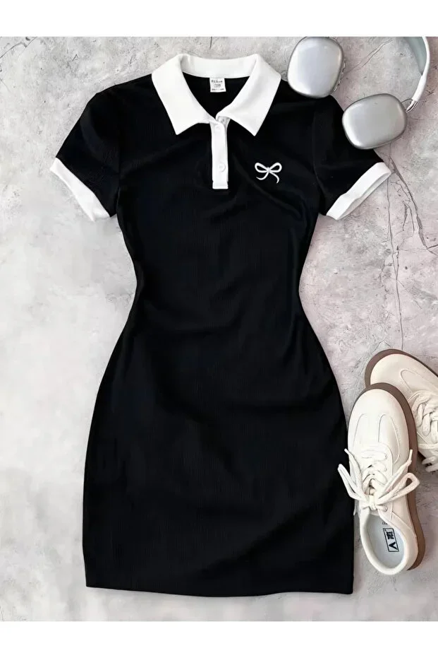 Girls New Ribbon Print Polo Neck Mini Slim Dress (3-12 Years)