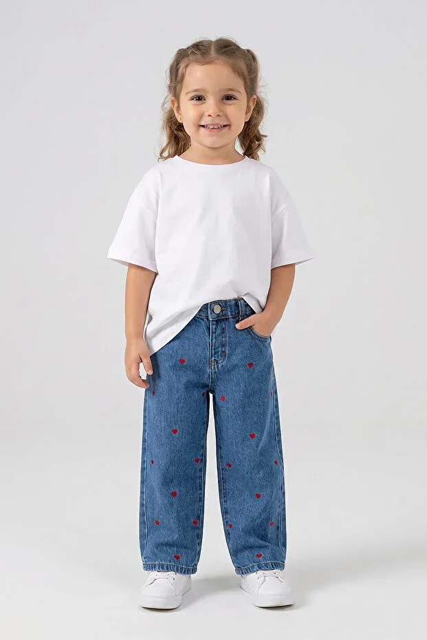 Girls Heart Embroidered Denim Jeans