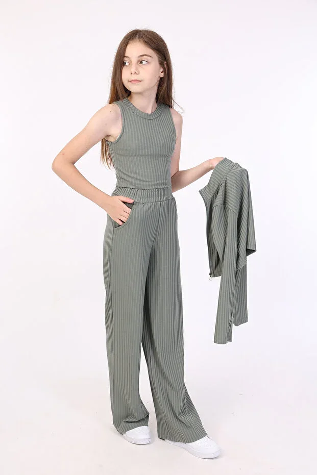 Girls 3-Piece Set Stand-Up Collar Zippered Sweatshirt & Crew Neck Undershirt & Elastic Waist Wide-Leg Pants