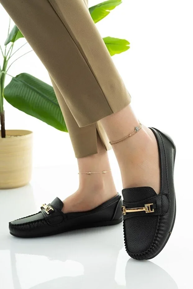 Women's Ballet Flats Black Chain Buckle Lightweight Comfortable Sole Chic Daily Shoes