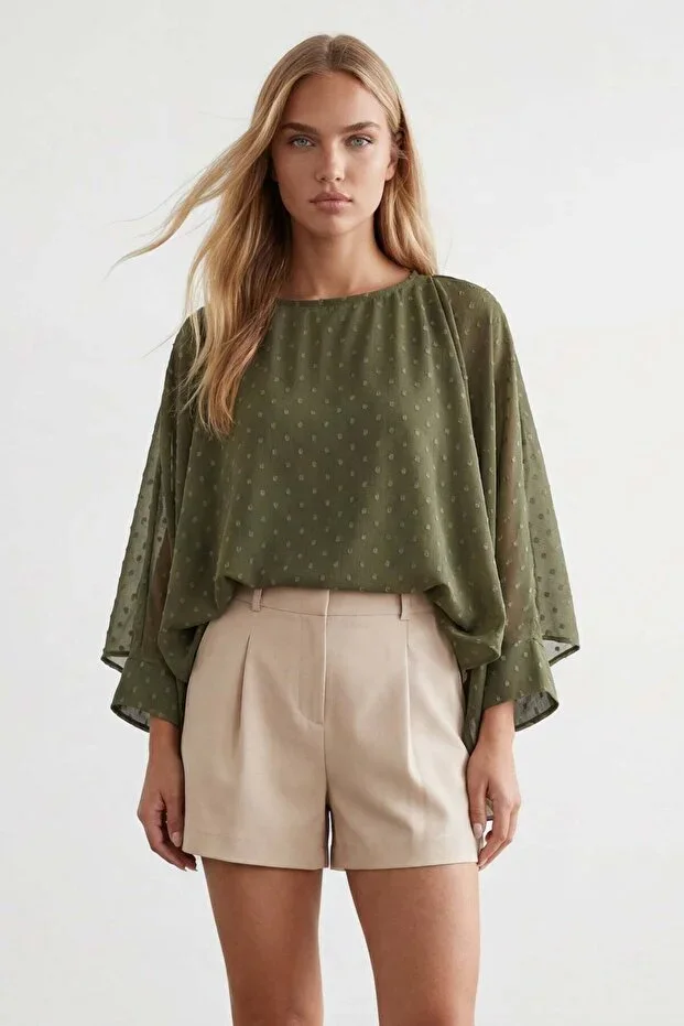 Women's Khaki Boat Neck Cape Cut Loose Fit Cuffed Chiffon Blouse Alc-X15529