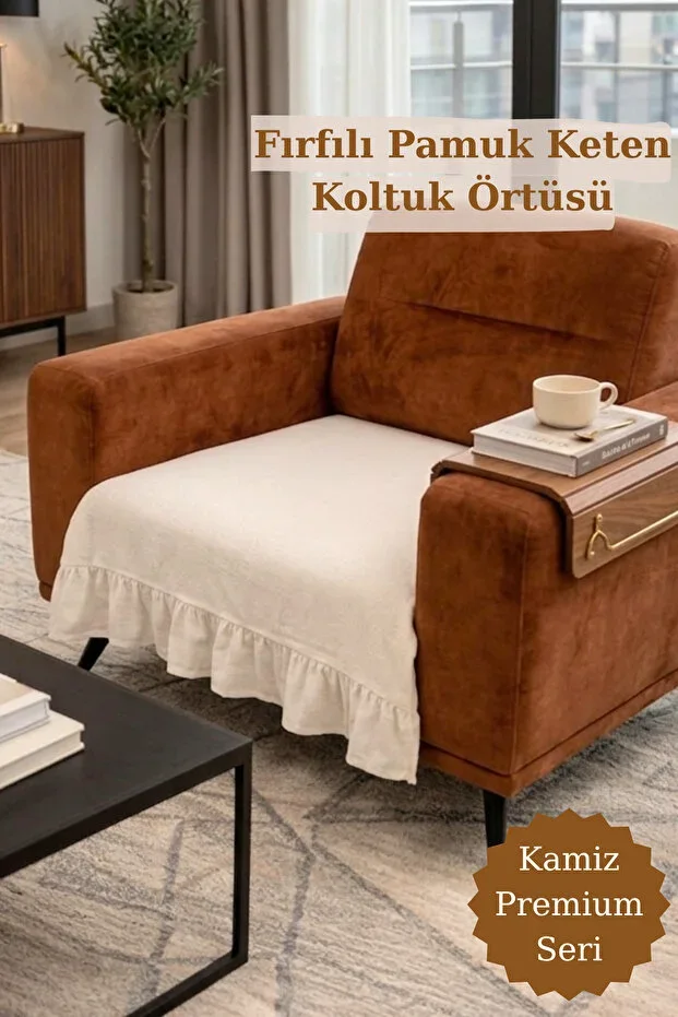 Ruffled Armchair Cover Bohemian Cotton Linen | Non-Slip, Washable, Modern Chic Design Single Armchair