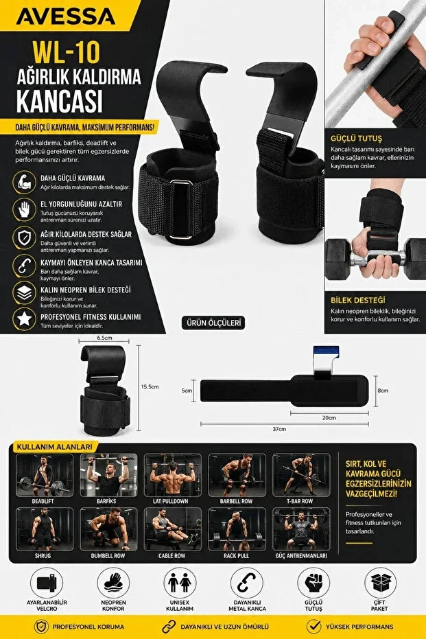 WL-10 Weight Lifting Hook - Strong Metal Hook Design - Thick Neoprene Wrist Support