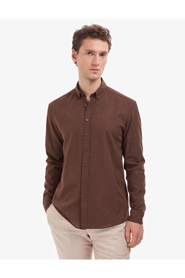 Dark Brown Linen Blend Regular Fit Long Sleeve Shirt 50325356-VR084