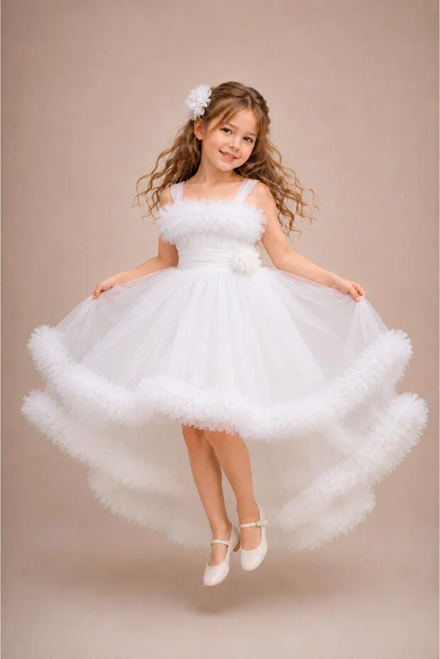 Girls Princess Tail Dream Tulle White Evening Dress – Special Design – Wedding & Birthday & Prom