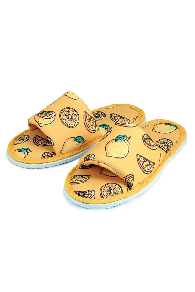 Unisex Yellow Lemon Patterned Open-Front House Slippers Soft Sole