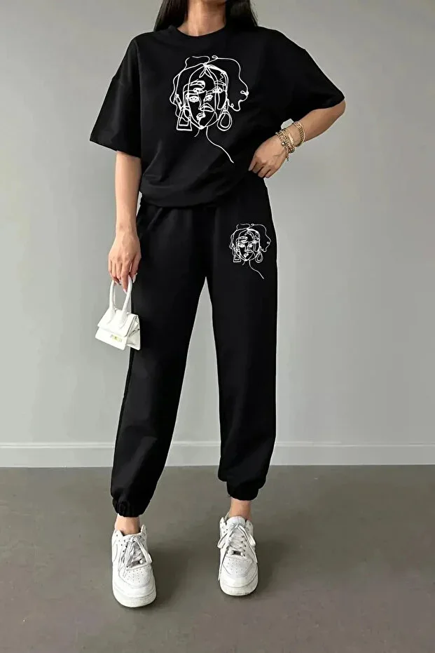 Aesthetic Women's Drawing Printed Sweatpants and T-shirt Top Bottom Tracksuit Set