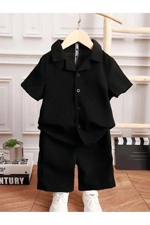 V Neck Shirt Detailed Cotton Waffle Shorts Set - Black