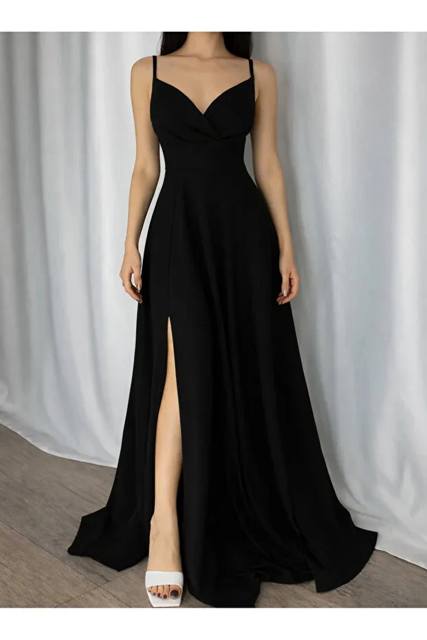 LACASE Women Black Strappy Cross Neck Slit Maxi Evening Dress 452400, S