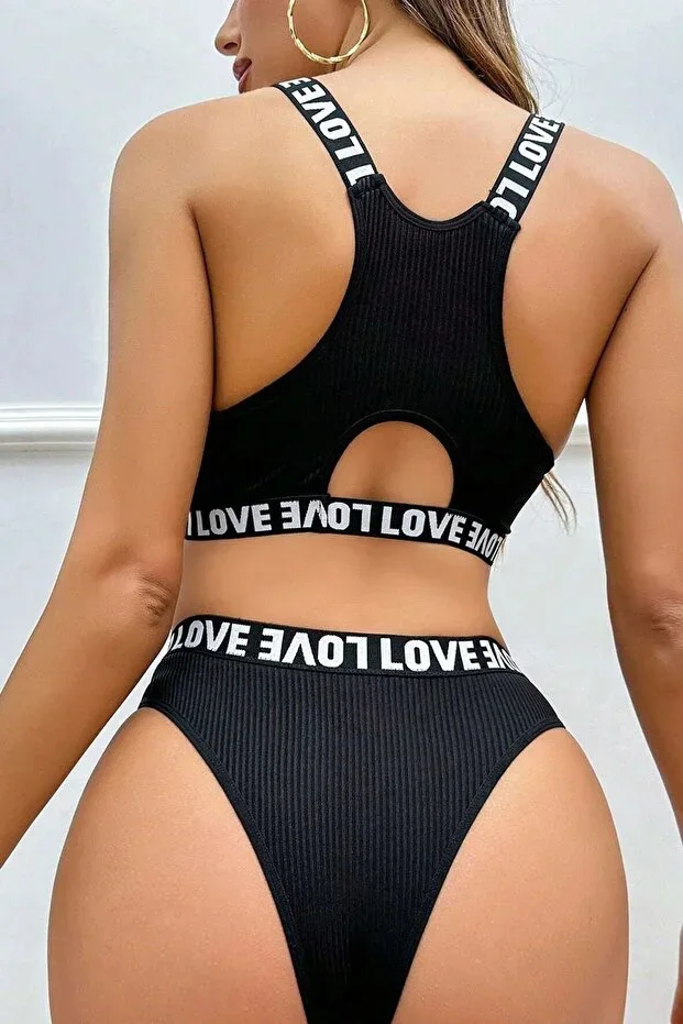 Women's Black Back Cross Love Print Sports Top and Bottom Set