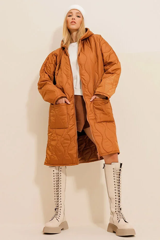 Women's Tabby Double Pocket Long Puffer Coat with Double Zipper Hood ALC-X10976