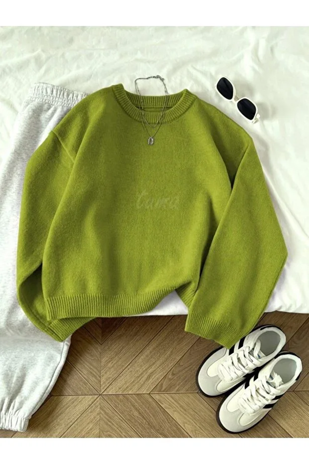 Women's Oil Green Round Neck Oversize Knit Sweater, Women's Sweater Tuma1978