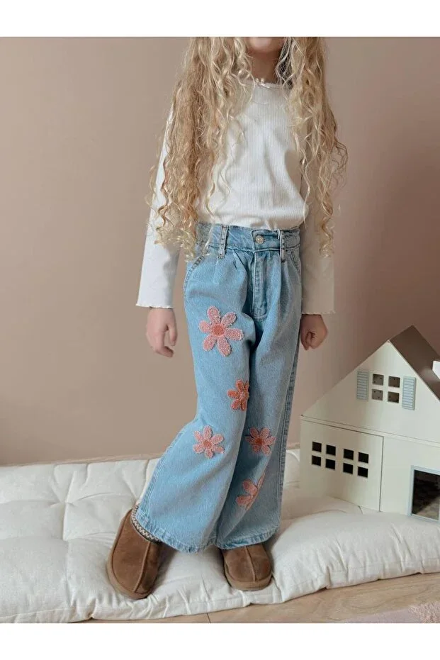 Girls Daisy Print Blue Jeans Denim Pants