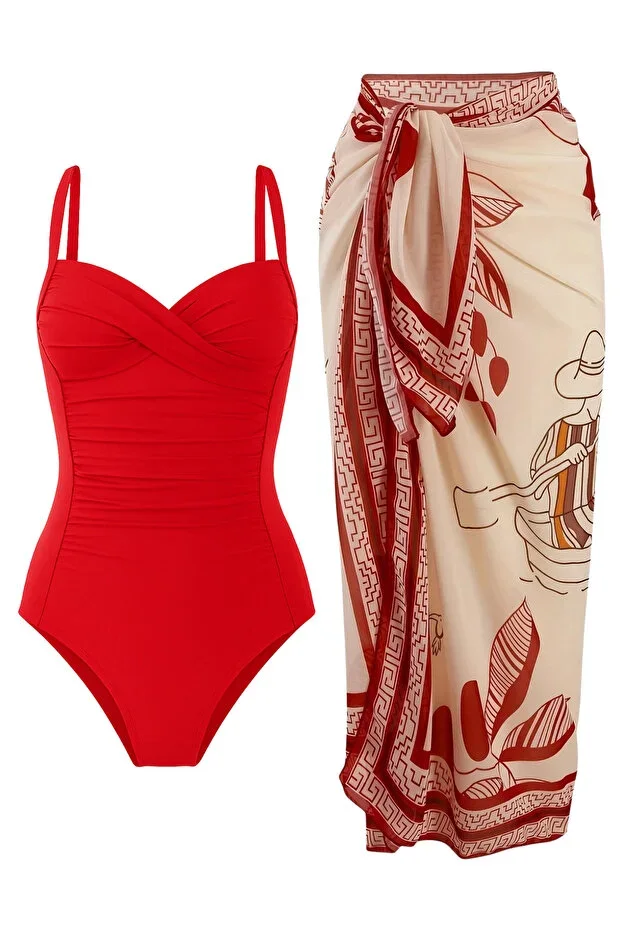 Adjustable Strap, Stylish and Slimming Effect Shaping Draped Swimsuit Pareo 2-piece Set