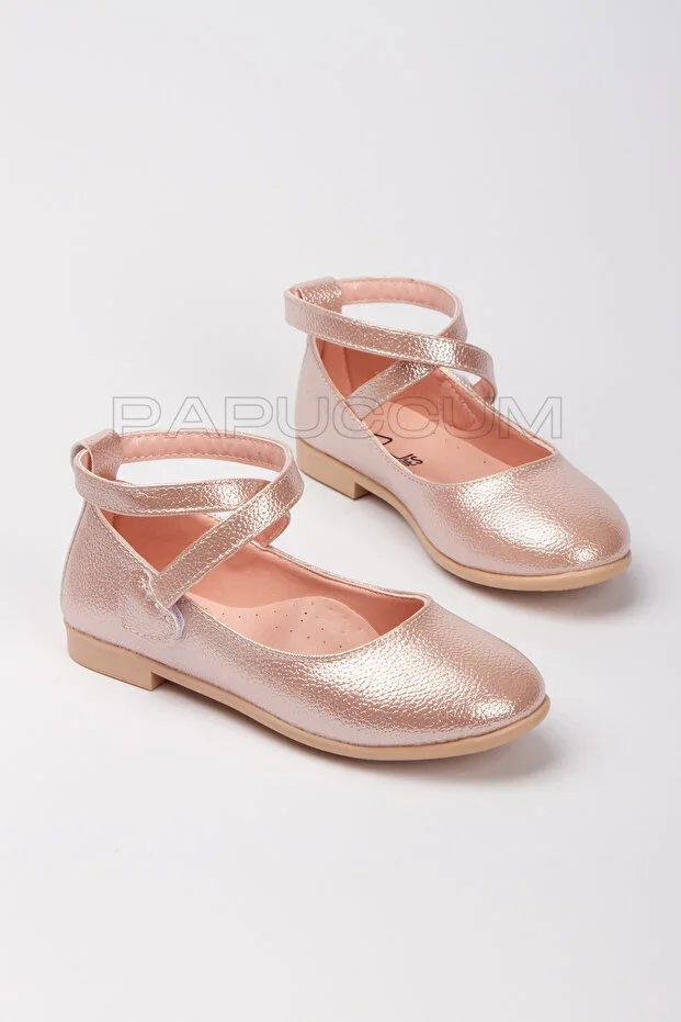 Girls' Powder Ankle Strap Velcro Non-Slip Sole Orthopedic Ballet Flats