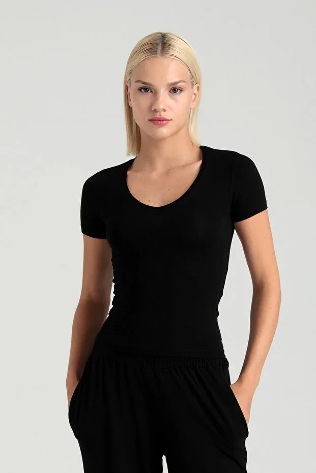 Ultra Soft V-Neck Short Sleeve Blouse Black
