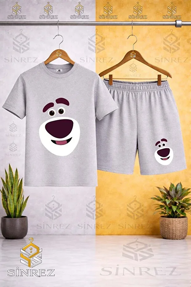 Round Neck BEAR HAPPY FACE Print T-shirt - Shorts Set