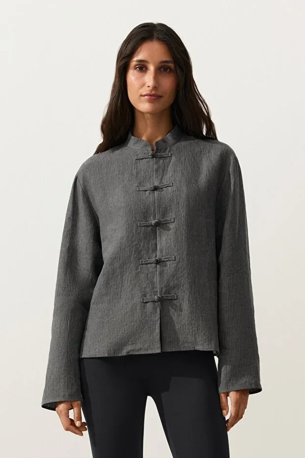 Oysho 100% Linen Striped Mandarin Collar Shirt