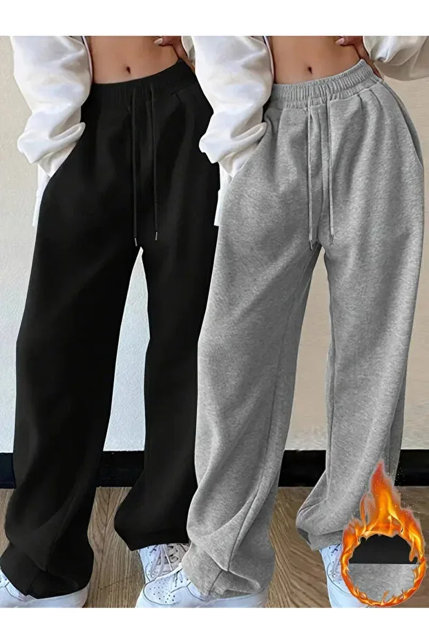 Seasonal Women's 2 Piece Black + Grey Sweatpants Wide Leg Baggy Plus Size Pocket Adjustable