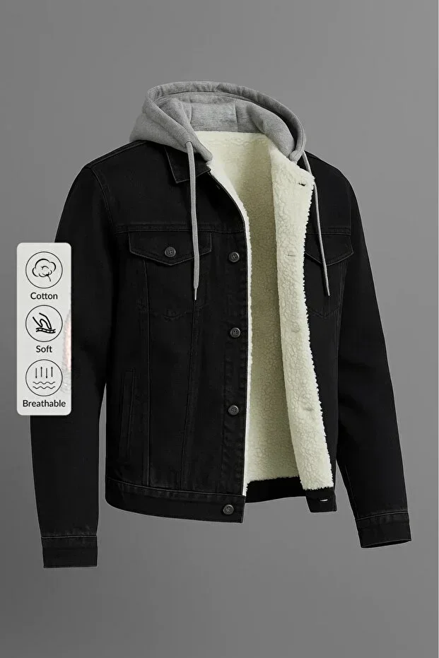 Men's Fur Lined Oversize Black Hooded Denim Jacket