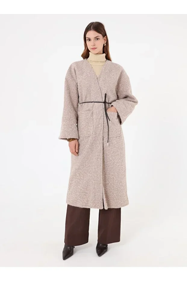 Thick Cardigan with Leather Belt Detail - Taupe