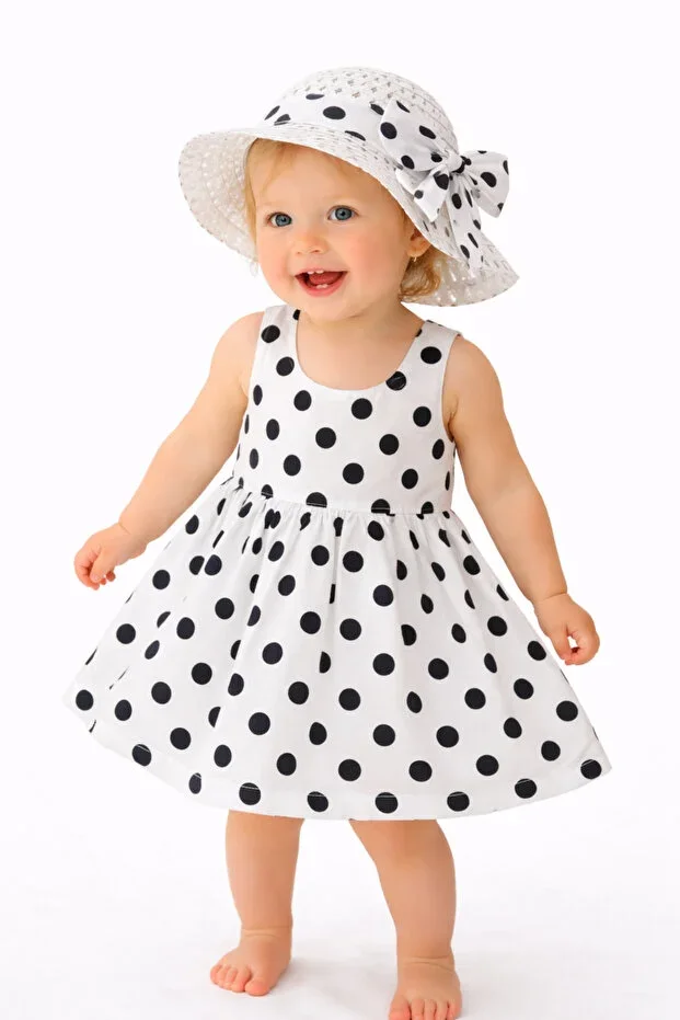Sweet Summer Girl Baby Dress Polka Dot Patterned Dress with Hat