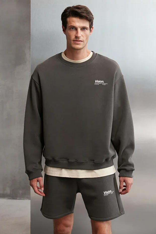 Ernest Men's Soft Fabric Oversize Fit Round Neck Printed Grey Sweatshirt