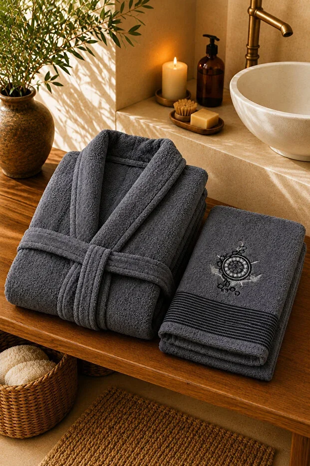 Hera 100% Cotton Unisex Bathrobe with Towel 2 Piece Bathrobe-Towel Set / Dowry Set
