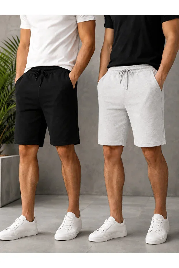 2-Piece Shorts Men (Black-Gray) Basic Summer Shorts Set - Above Knee Comfortable Fit 2-Piece Economic Pack