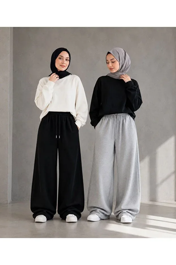 2 PCS MODEST SUMMER SPECIAL MOLD WIDE SWEATPANTS BLACK AND GRAY