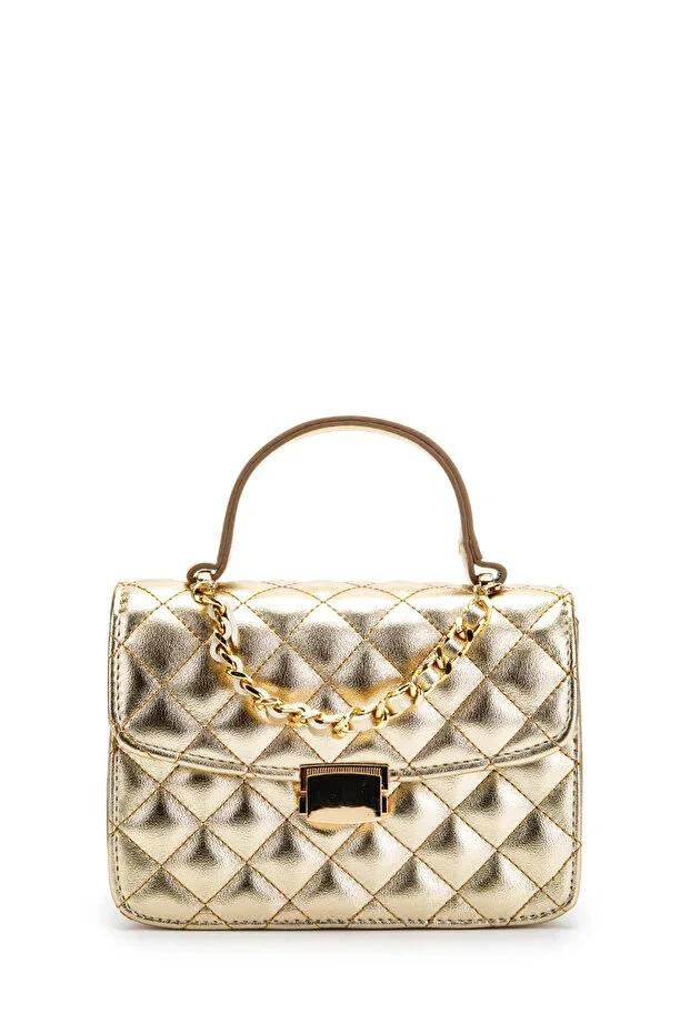 Women's Gold Chain Charm Detailed Quilted Leather Handbag and Shoulder Bag