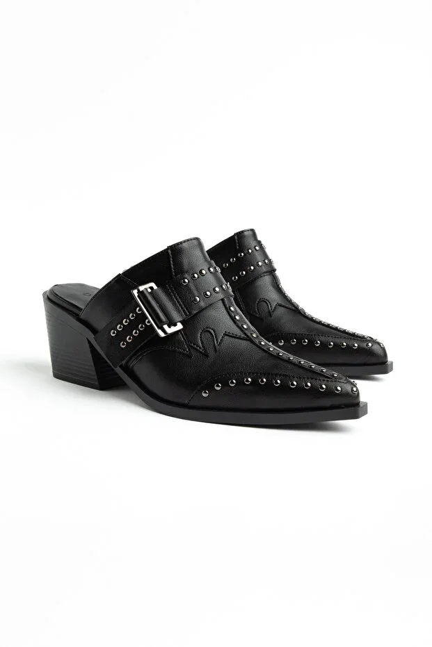 Black Matte Leather Stud Detail Closed Toe Open Back Heeled Western Cowboy Mule Slippers