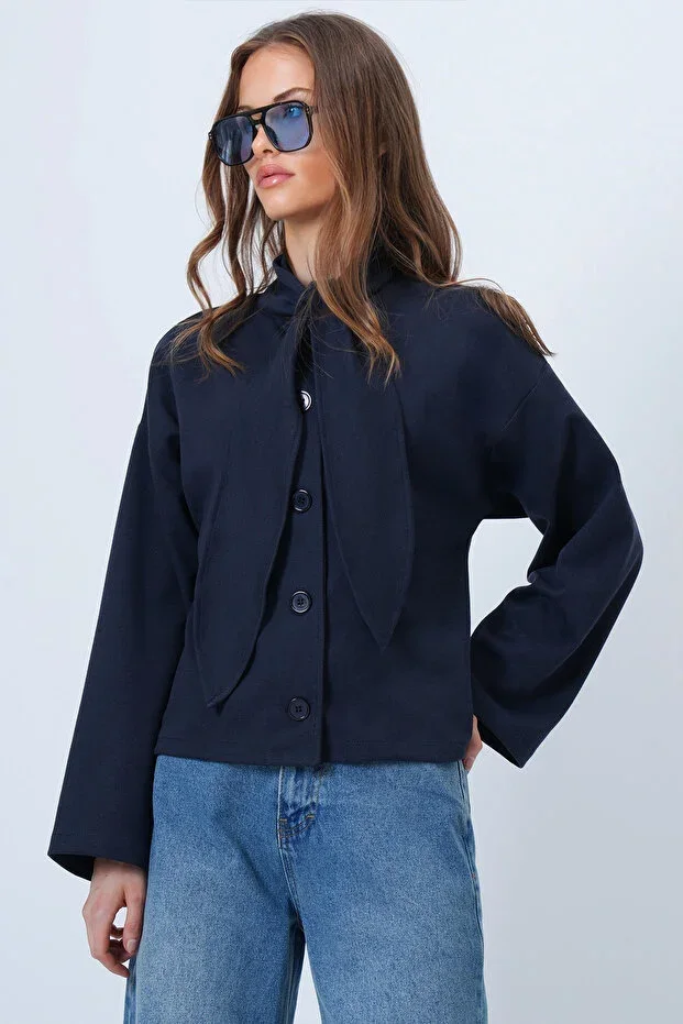 Navy Blue Scarf Detailed Buttoned Jacket ALC-X14669