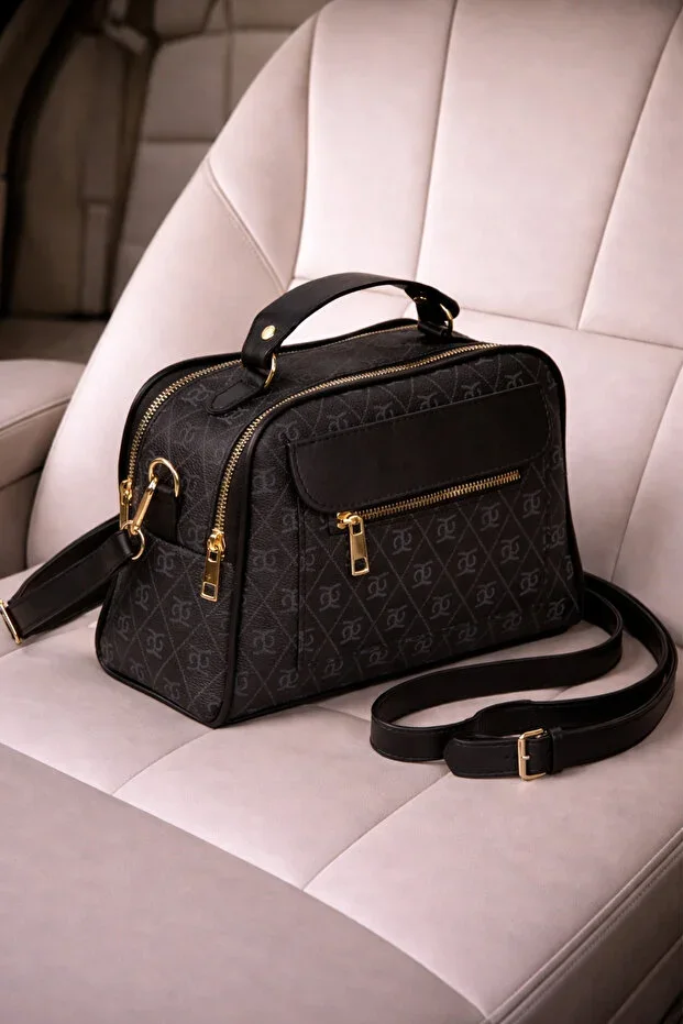 Women's Patterned Black Handbag and Shoulder Bag