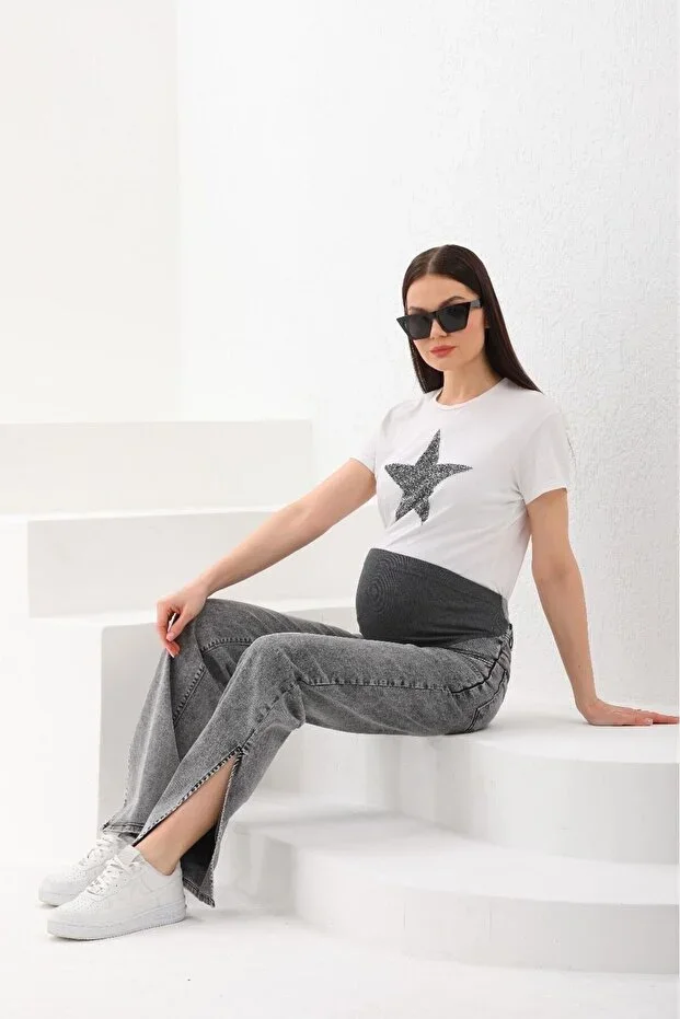BIG LESSON Pregnant Women's Flexible Waistband Adjustable Flare Leg Jeans with Slit - Anthracite