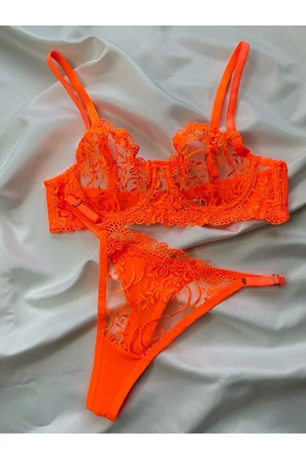 Neon Orange Floral Embroidered Underwired Bra Panty Set