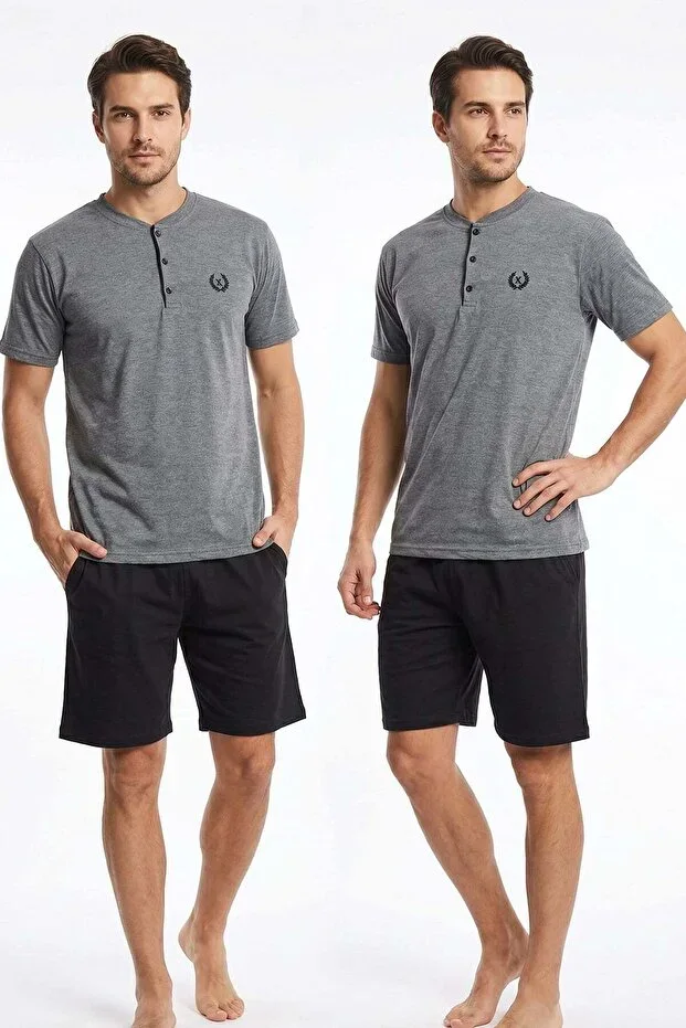 Men's 100% Cotton Button-Down Collar Plain Pocketed Shorts Pajama Set | Anthracite 623