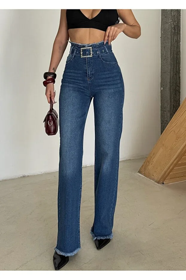 Swet Shop Jeans Women High Waist Faded Effect Vintage Belted, Waist Tassel Hem Tassel Palazzo Jean