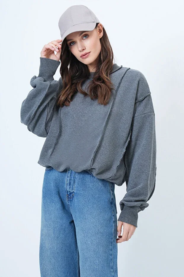 Antrasit Stitch Detailed Oversize Design Sweatshirt ALC-X14662