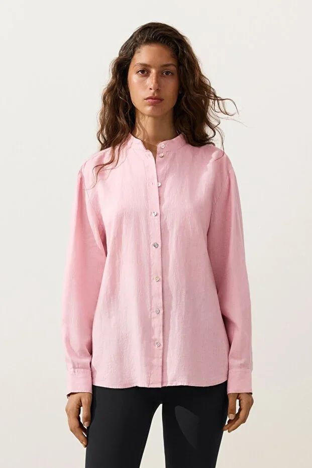 Oysho 100% Linen Mandarin Collar Shirt