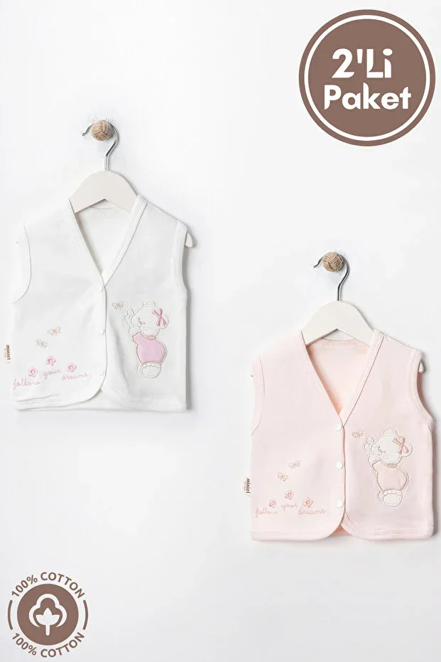 Baby Girl Bear Embroidered Organic Cotton 3-6-9 Months 2-Piece Jersey Baby Vest - Salmon