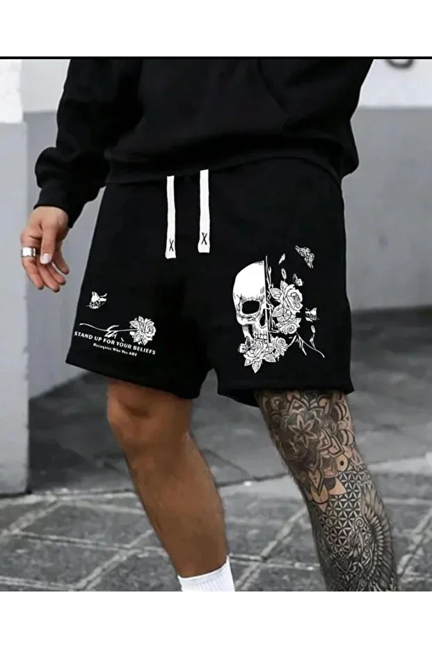 Unisex Rose Skull Printed Bermuda Pocket Drawstring Relaxed Fit Black Shorts