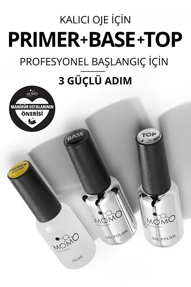 3-piece set for Gel Polish and Nail Extensions - Primer 10 ml, Base Coat 9 ml, Top Coat 9 ml