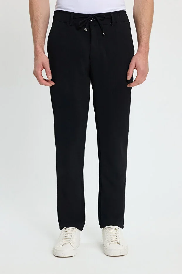 Men's Slim Fit Narrow Cut Black Trousers with Elastic Waistband and Drawstring Detail