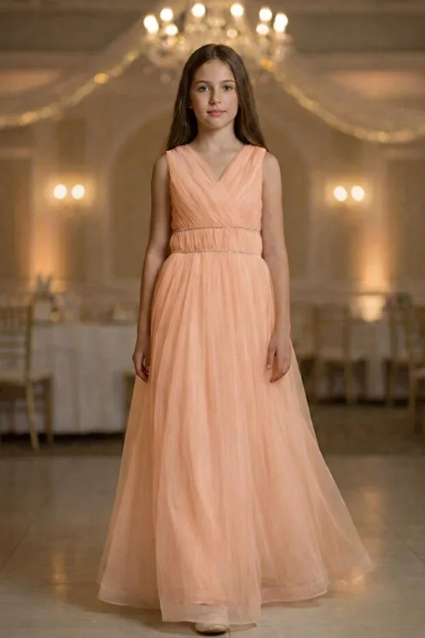 Girls V-Neck Waist Stone Embroidery Detailed Tulle Long Evening Dress ABY2027