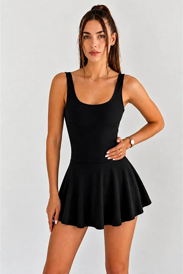 Newness Fashion Forwoard Lycra Integrated Shorts Skirt Dress Swimsuit Women Swimwear Black
