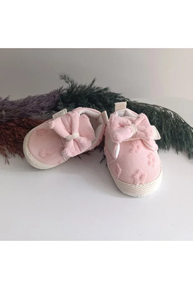 5204 Flower & Star Pattern Bow Detail Baby Girl First Step Booties Size 18-19